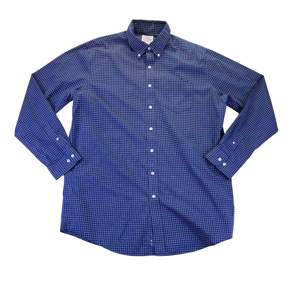 LL Bean Mens L-Tall Navy White Grid Traditional Fit Cotton Button Down Shirt